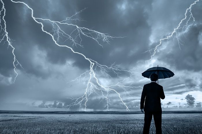lightning businessman storm umbrella rain