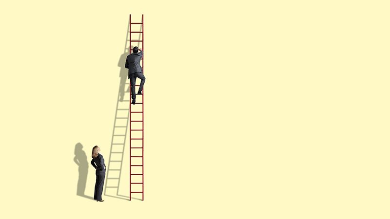 A woman watches as a man climb a tall red ladder against a light yellow background.