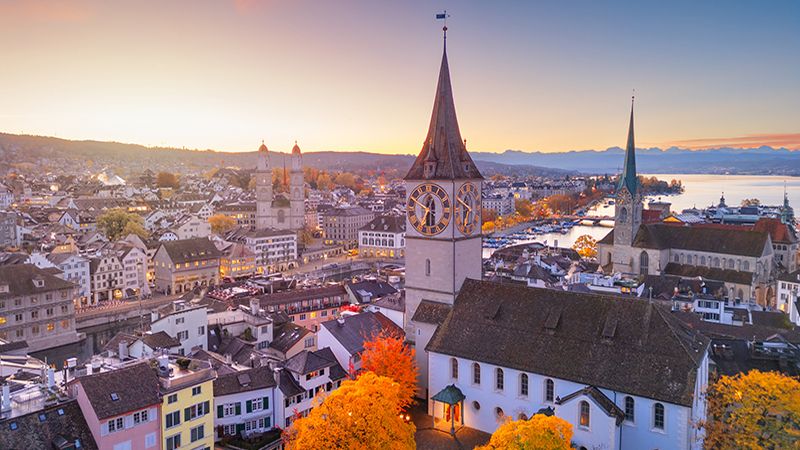 Zurich, Switzerland old town skyline over the Limmat River on an autumn morning.