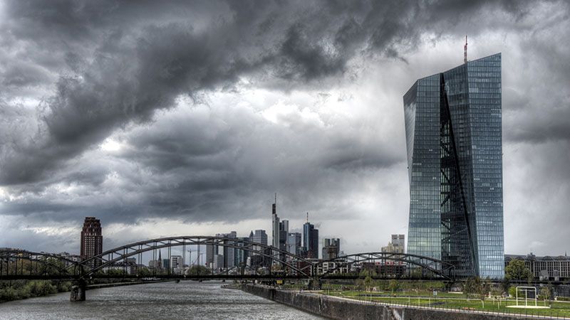 The ECB (European Central Bank) in Frankfurt am Main in front of a dramatic sky