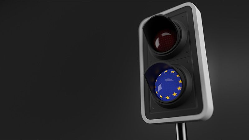 European union flag inside traffic light on grey background. 3d illustration