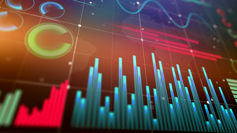 Business infographic with digital stats and analysis indicators on dark background, bottom view. 3D rendering