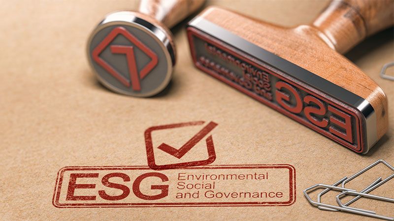 ESG, Environmental, Social and Governance printed in blue with two rubber stamps over brown paper. Corporate responsibility concept.