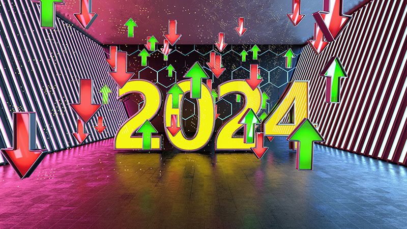 2024 with Abstract Neon Room and Green and Red Arrows. 3D Render