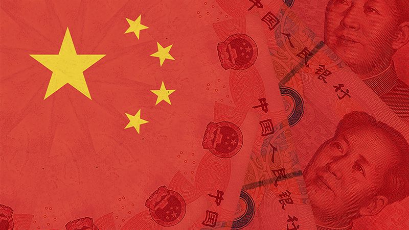 China national flag overlaid with Yuan renminbi banknotes. Chinese money and political situation. Concept of Chinese financial and business markets changes