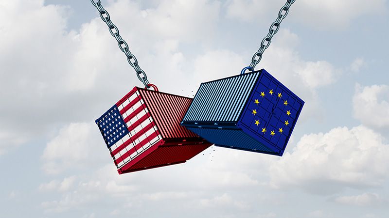 Europe USA trade war and American tariffs as two opposing cargo freight containers in European Union economic conflict as a dispute over import and exports as a 3D illustration.